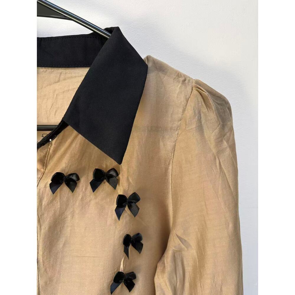 Vintage Satin Blouse Tops Women Beige Contrast Collar Heart Bow Pleated Shirt S - Picture 3 of 10